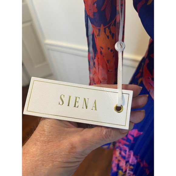 Sienna Blue Floral Pleated Maxi Dress Long Sleeve V-Neck Shimmer NWT chiffon 6 - Picture 8 of 12